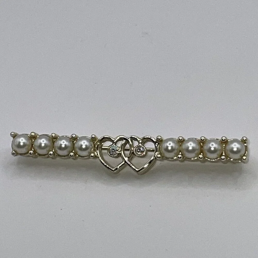 VTG 60s SARAH COVENTRY Bar Brooch Pin Faux Pearl Hearts AB Rhinestones Gold Tone